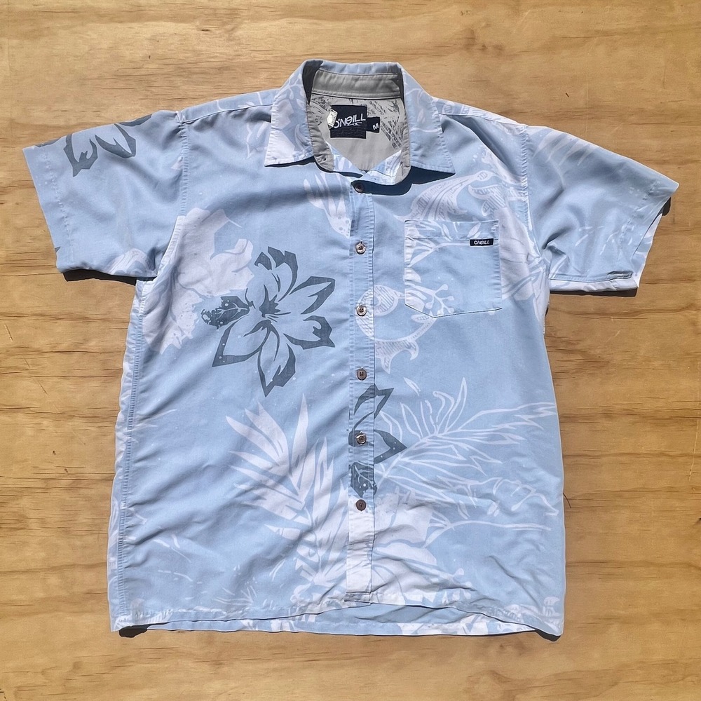 O'Neill Mens Blue Tropical Floral Short Sleeve Button Up Surf Shirt Size Medium